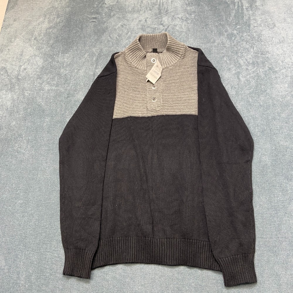 INC International Concepts Sweater Mens Large Black Gray Colorblock Ribbed Hem